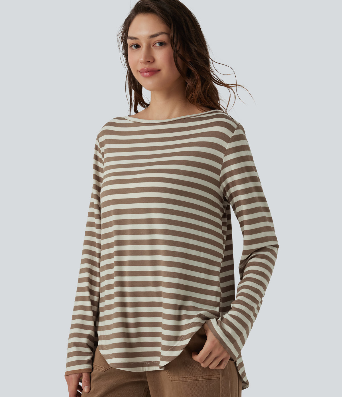 Boat Neck Long Sleeve Curved Hem Stripe Casual T-Shirt