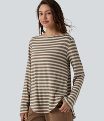 Boat Neck Long Sleeve Curved Hem Stripe Casual T-Shirt