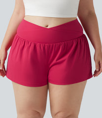 SoftlyZero™ Airy Crossover High Waisted 2-in-1 InstantCool Yoga Plus Size Shorts 3'' with Pockets