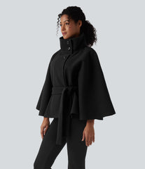 High-neck Long Sleeve Belted Work Cape Coat