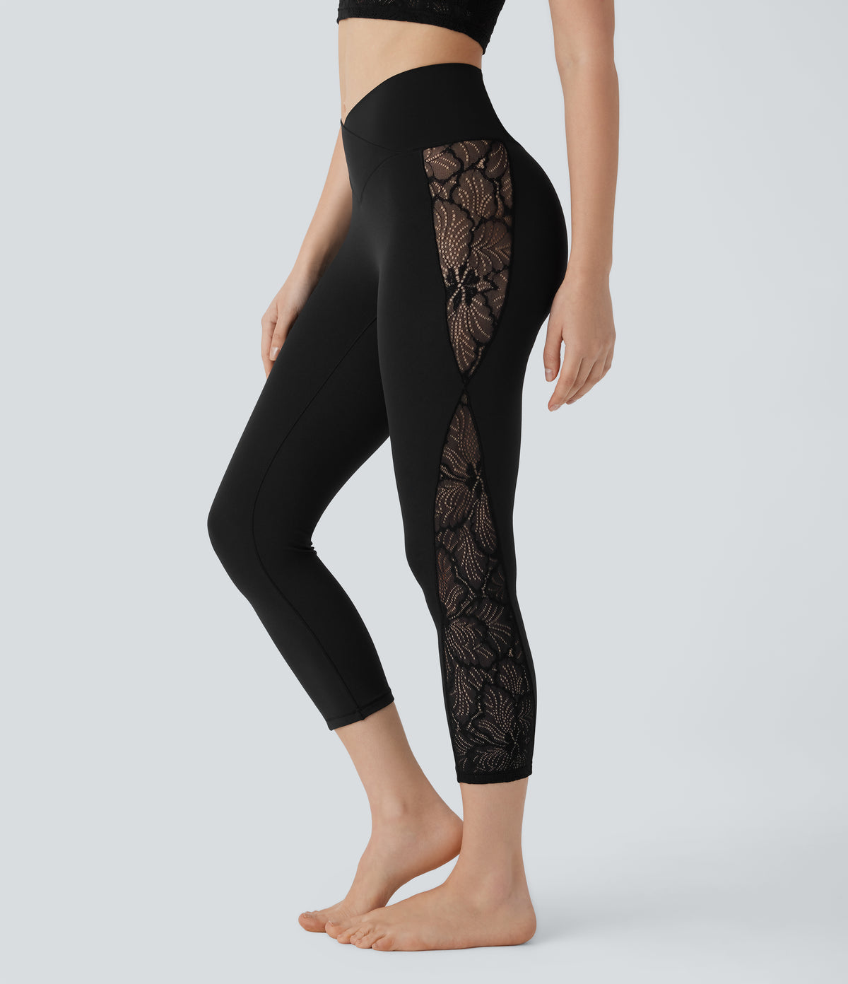 SoftlyZero™ High Waisted Crossover Contrast Lace Capri Yoga Leggings-UPF50+