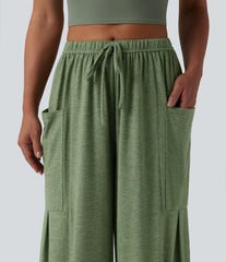 Mid Rise Drawstring Wide Leg Heathered Casual Pants with Pockets