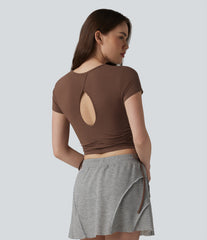 Halara Cotton Jersey Round Neck Drawstring Ruched Keyhole Back Casual T-Shirt