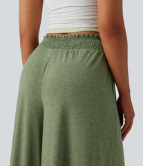 High Waisted Shirred Flowy Baggy Pants with Pockets