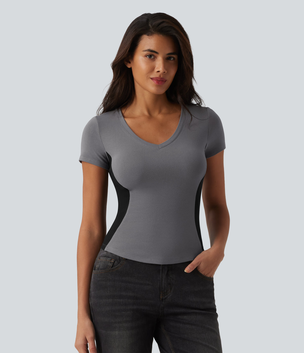 Ribbed Knit V-neck Short Sleeve Color Block Ultra-slim Casual T-Shirt