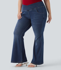 Plus Size Halara Flex™ High Waisted Crossover Washed Casual Flare Jeans with Pockets