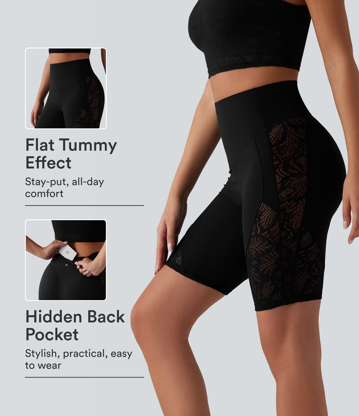 Halara UltraSculpt™ High Waisted Tummy Control Contrast Lace Yoga Biker Shorts 9'' with Pocket
