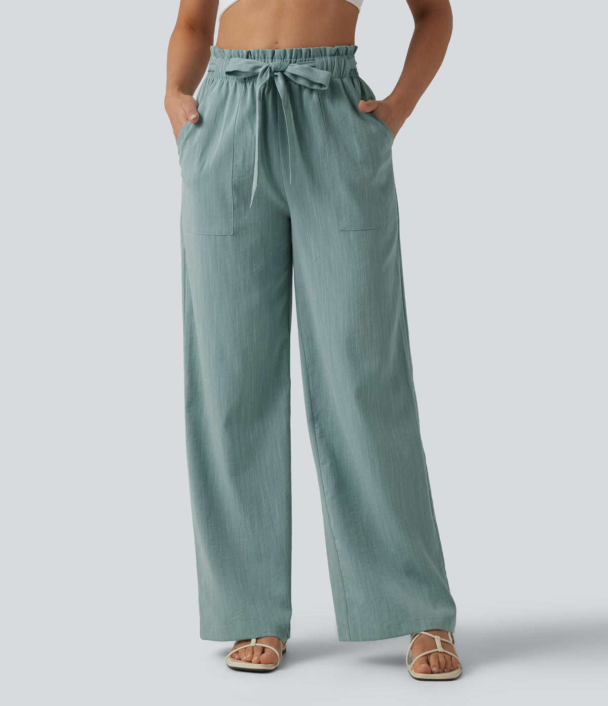 High Waisted Lettuce Trim Belted Straight Leg Casual Linen-Feel Pants with Pockets