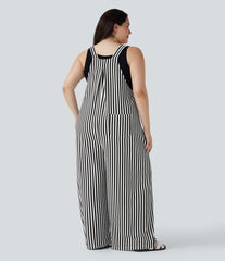 Plus Size Stripe Waffle Overalls with Pockets