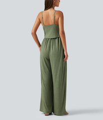 Built-In-Bra Ruched Wide Leg Heathered Casual Maternity Slip Jumpsuit with Pockets-Easy Peezy Edition