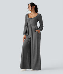 Scoop Neck Backless Long Sleeve Heathered Casual Wide Leg Jumpsuit with Pockets-Easy Peezy