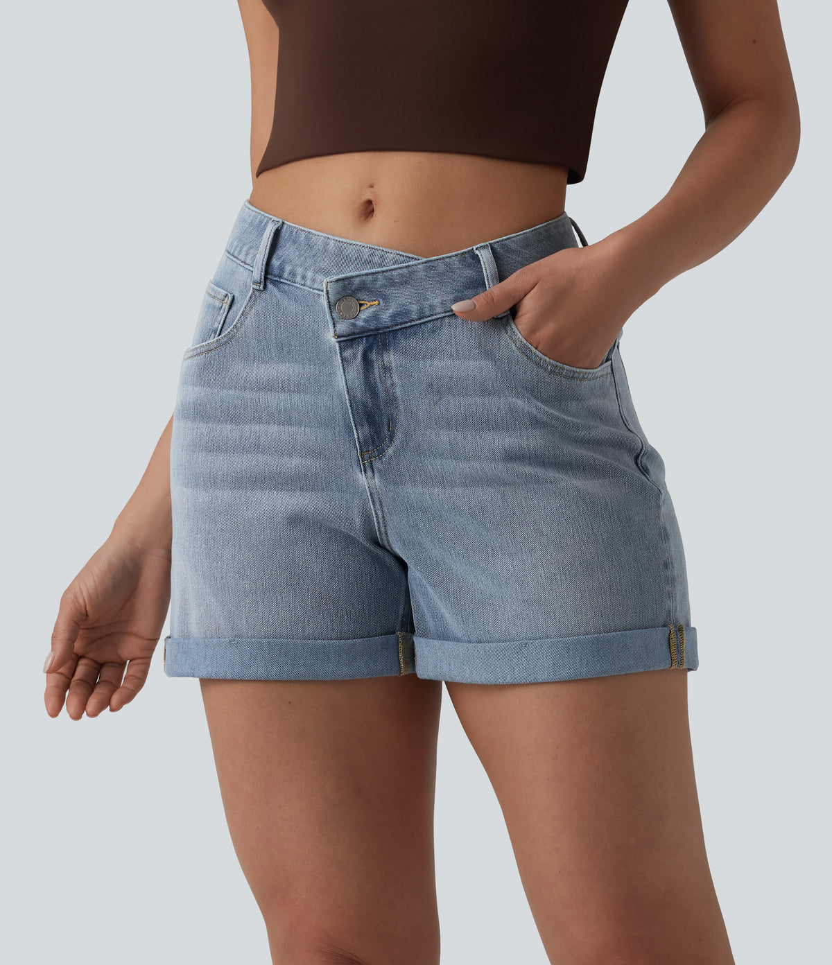 Halara Flex™ Asymmetric High Waisted Rolled Hem Washed Denim Casual Shorts with Pockets
