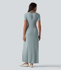 V-neck Short Sleeve Drawstring Ruched Maxi Casual Dress