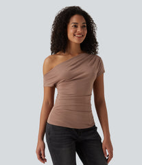 Ribbed One Shoulder Short Sleeve Casual Top