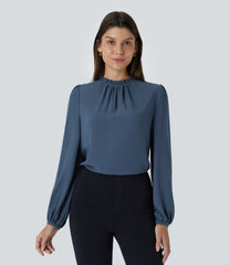 Frill Round Neck Keyhole Back Long Sleeve Work Blouse