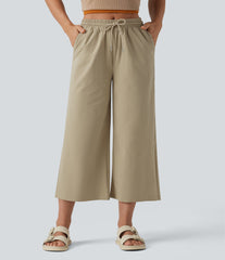 Mid Rise Drawstring Cropped Stretchy Poplin Casual Baggy Pants with Pockets