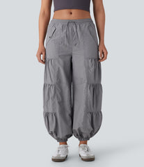 Mid Rise Drawstring Pocket Ruched Parachute Casual Cargo Baggy Joggers
