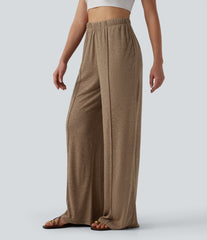 High Waisted Inner Drawstring Wide Leg Casual Linen-Blend Pants with Pockets
