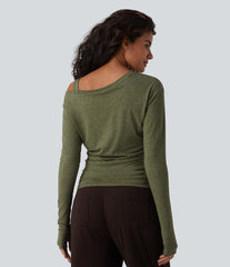 One-Shoulder Long Sleeve Ruched Built-in Bra Casual Heathered Top
