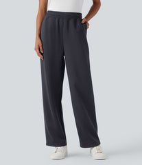 High Waisted Drawstring Cinchable Hem Casual Wide Leg Pants with Pockets