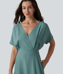 V Neck Short Sleeve Midi Casual Linen-Feel Dress with Pockets