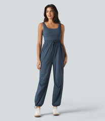 U-neck Sleeveless Drawstring Ruched Casual Jumpsuit with Pockets