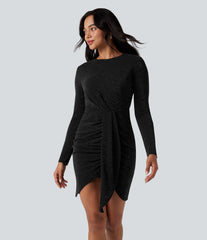 Round Neck Long Sleeve Ruched Bodycon Mini Sparkle Party Dress