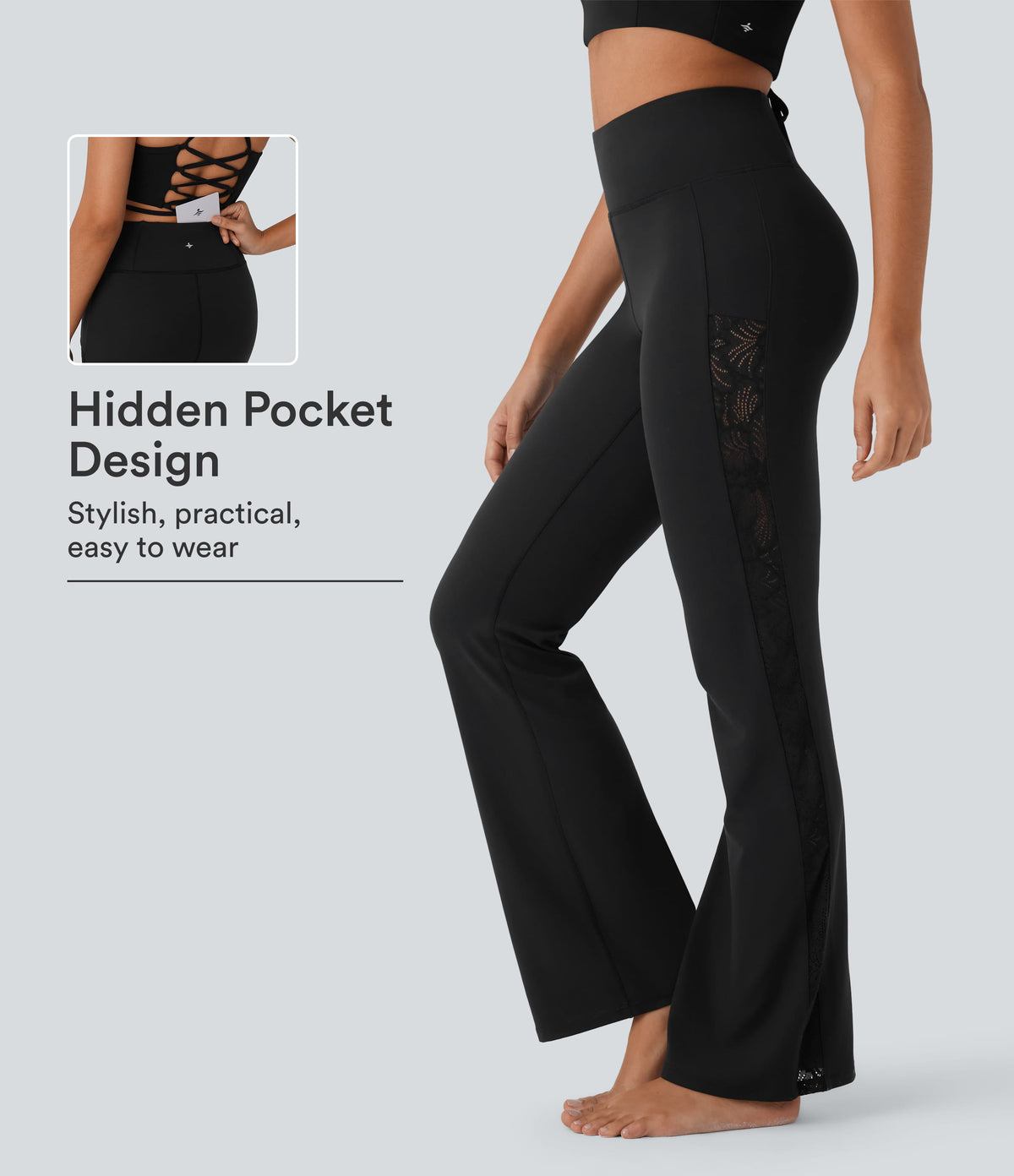 SoftlyZero™ High Waisted Contrast Lace Yoga Bootcut Leggings with Pocket-UPF50+