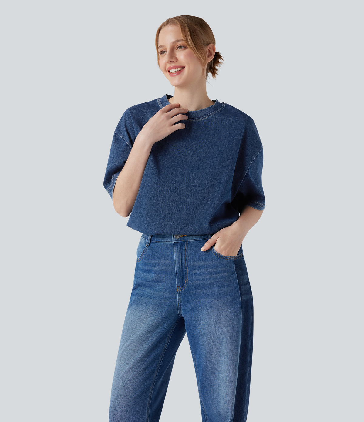 Halara Flex™ Round Neck Short Sleeve Denim Casual T-Shirt