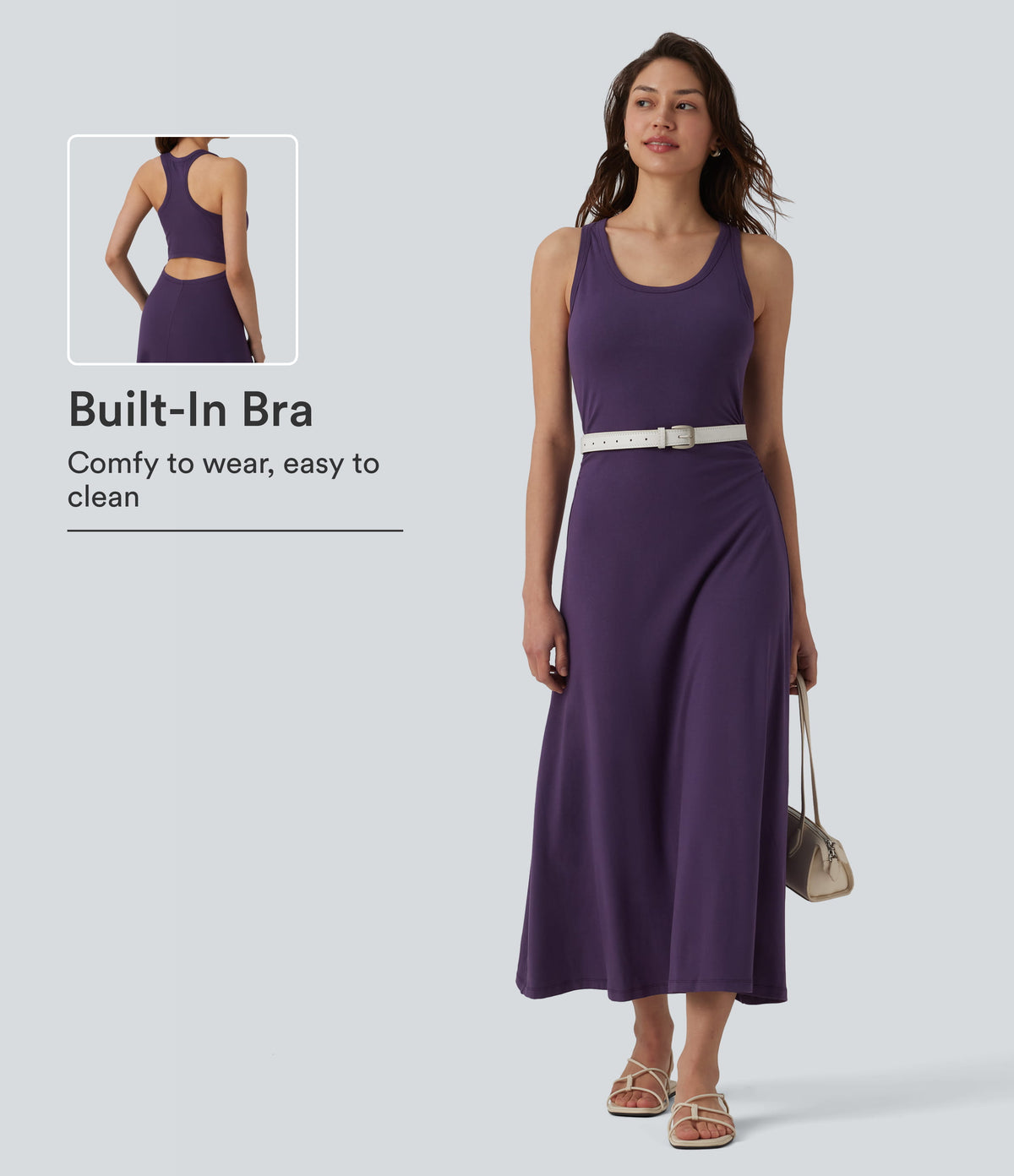 Racerback Sleeveless Ruched Built-in Bra Midi Casual Dress