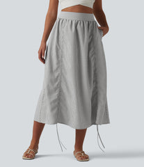 High Waisted Drawstring Stripes Midi Casual A-line Skirt with Pockets