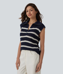 Half Zip Sleeveless Stripe Casual Sweater