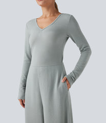 V Neck Long Sleeve Casual Jumpsuit with Pockets-Easy Peezy Edition