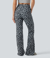 High Waisted Leopard Waffle Flare Casual Pants with Pockets