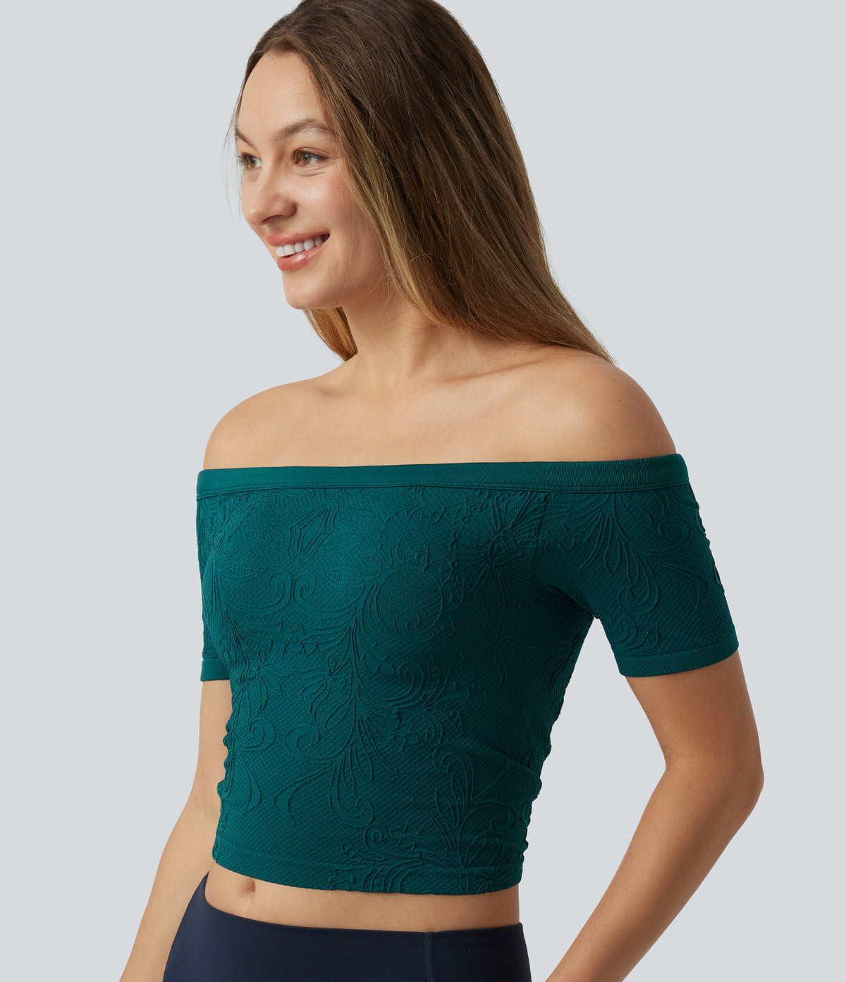 OneForm Seamless Flow Off Shoulder Short Sleeve Built-in Bra Cropped Yoga Sports Top