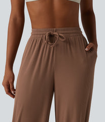 High Stretch Ribbed Knit Modal High Waisted Drawstring Ruched Yoga Joggers with Pockets