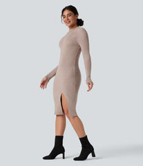 Mock-neck Long Sleeve Split Hem Bodycon Midi Work Sweater Dress