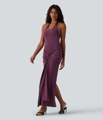 Halter Tie Front Bodycon Ruched Stretchy Satin-Like InstantCool Maxi Dress
