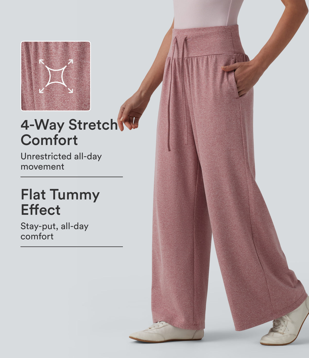 High Waisted Tummy Control Drawstring Wide Leg Casual Pants with Pockets