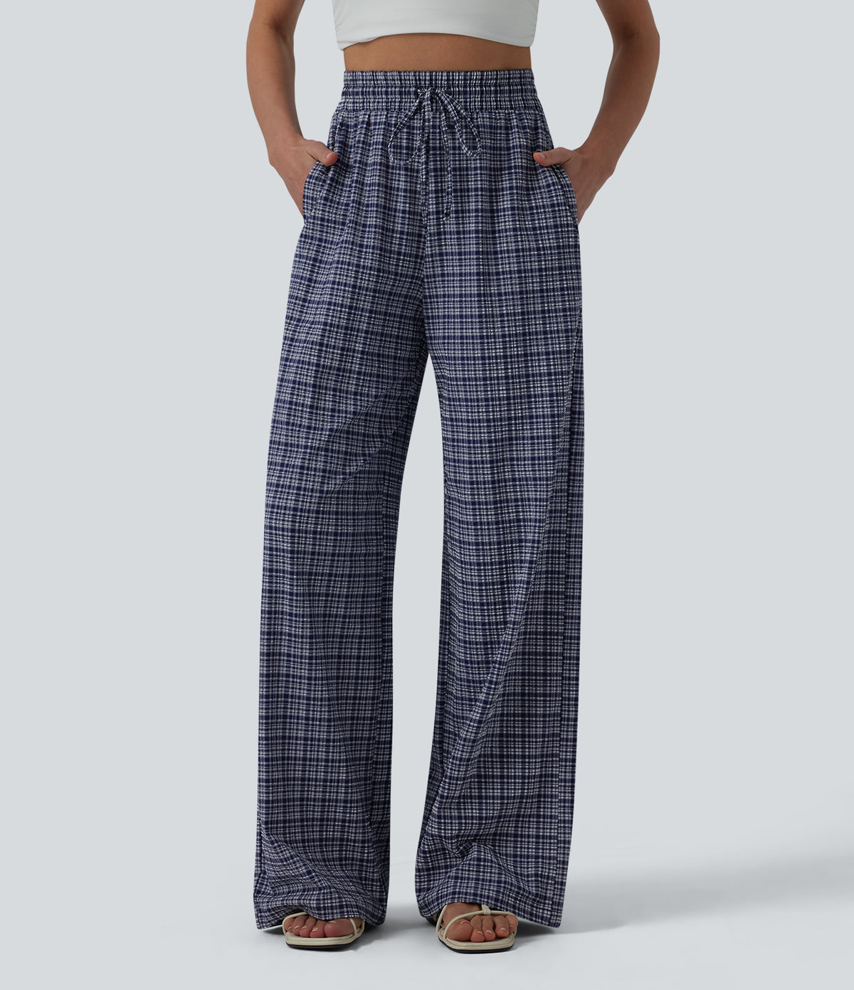 High Waisted Drawstring Plaid Crinkle Quick Dry Casual Wide Leg Pants with Zip Pockets