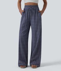 High Waisted Drawstring Plaid Crinkle Quick Dry Casual Wide Leg Pants with Zip Pockets