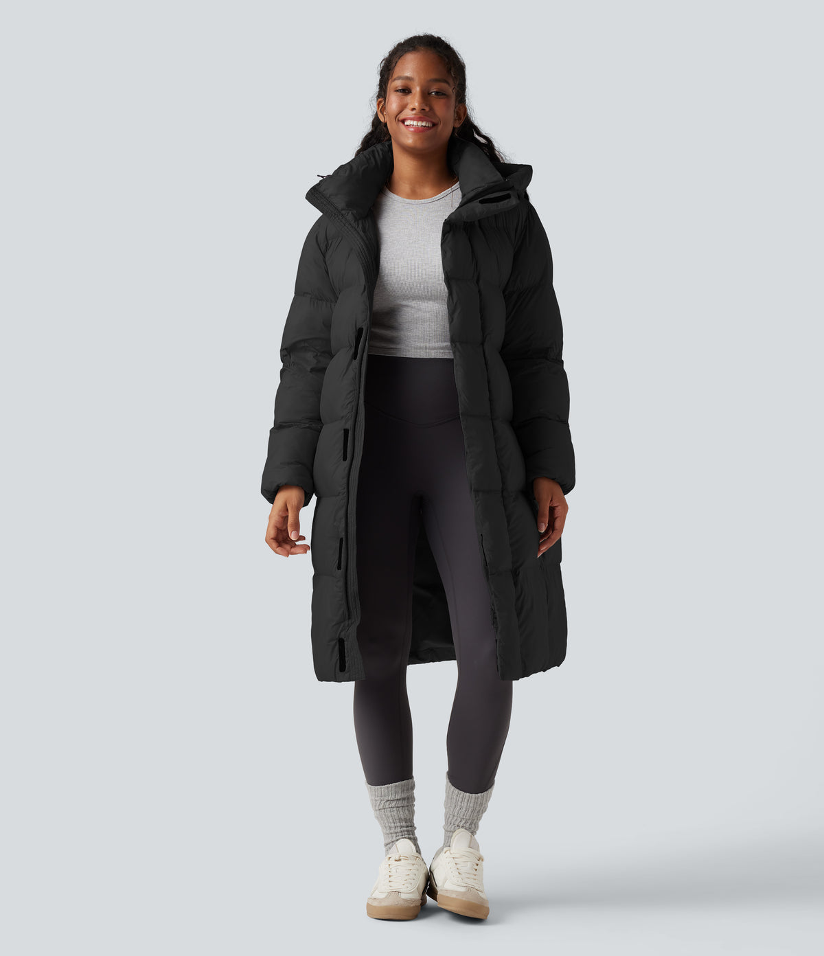 Hooded Long Sleeve Zipper Longline Casual Puffer Jacket with Pockets