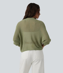 Deep V-neck Batwing Sleeve Crochet Casual Cardigan