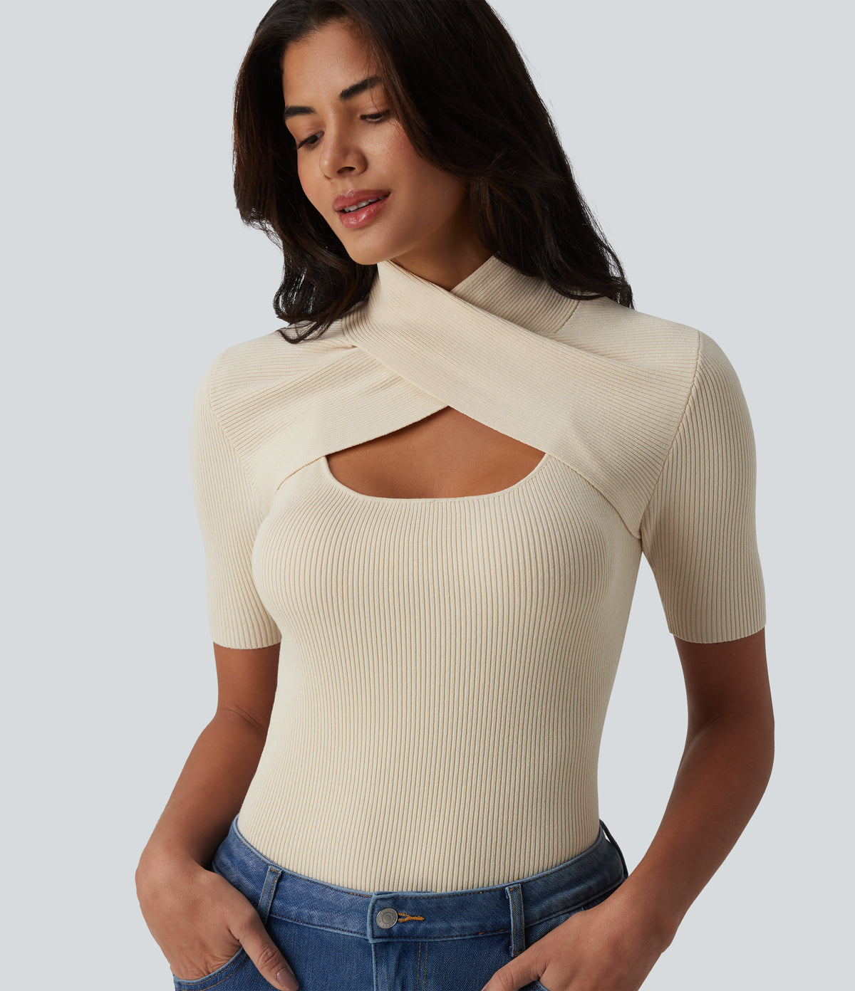 Cut Out Short Sleeve Workout Sweater