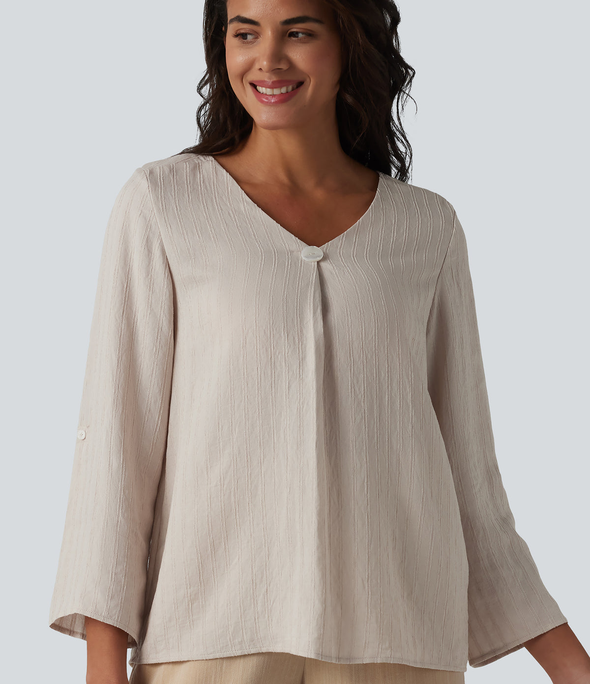 V-neck Roll Up Sleeve Linen-Blend Casual Top