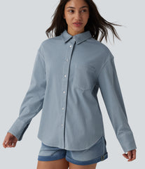 Halara Flex™ Long Sleeve Stripe Denim Casual Shirt with Pocket
