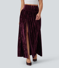 High Waisted 2-in-1 Velvet Maxi Casual Skirt