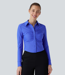 Ruched Long Sleeve Curved Hem Stripe InstantCool Work Shirt