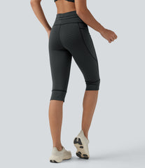 High Waisted Drawstring Stripe Pedal Pusher Yoga Leggings with Pockets