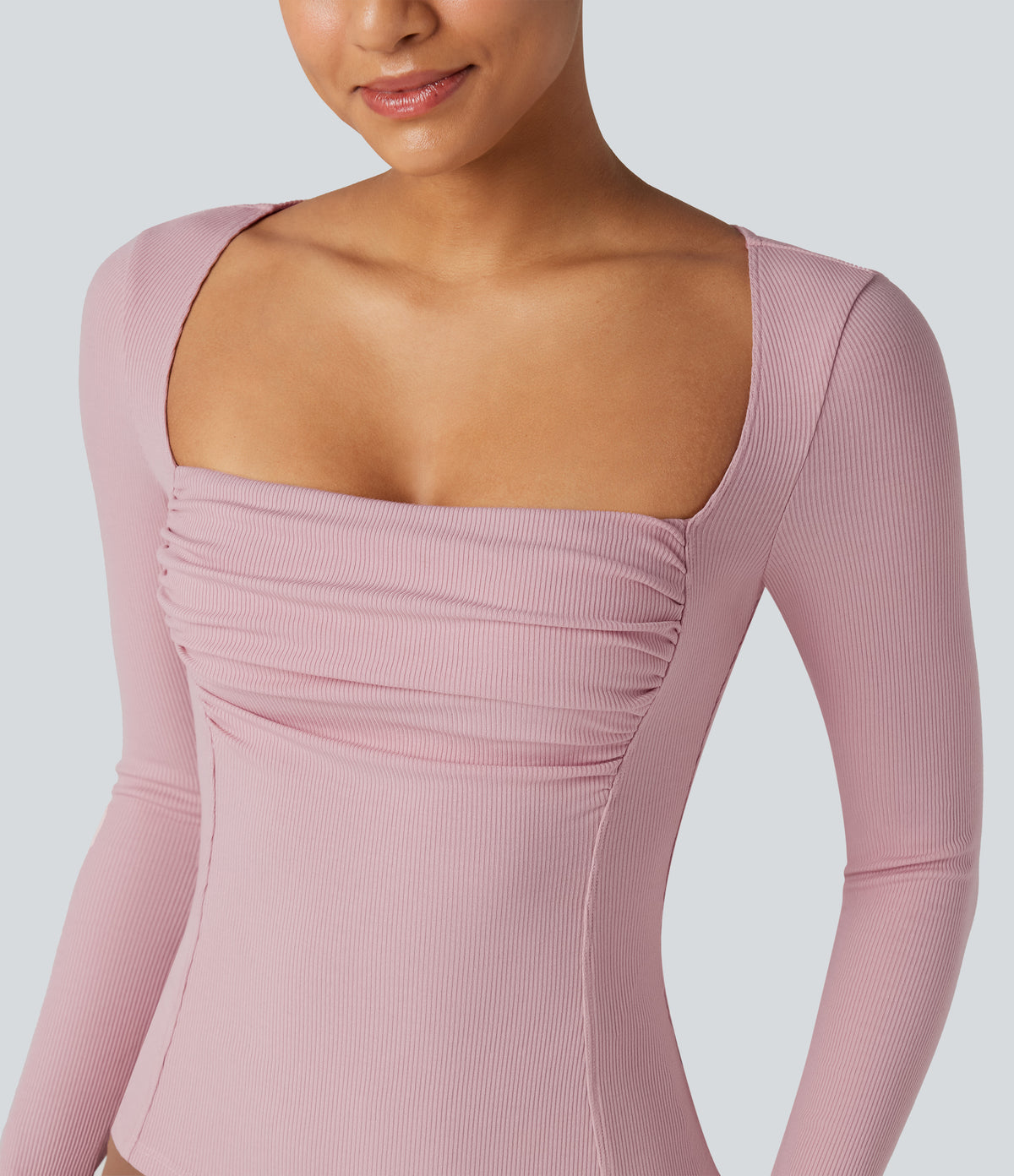 Ribbed Knit Square Neck Ruched Long Sleeve Work T-Shirt